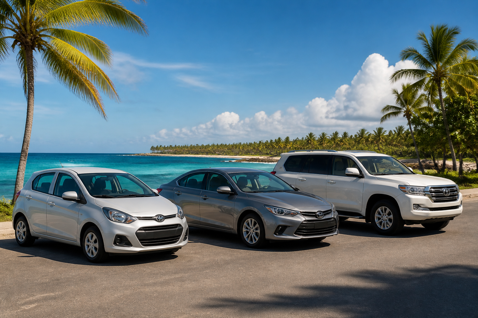 Different car types in the Dominican Republic, including economy car, SUV, and full-size SUV, driving on various road conditions.